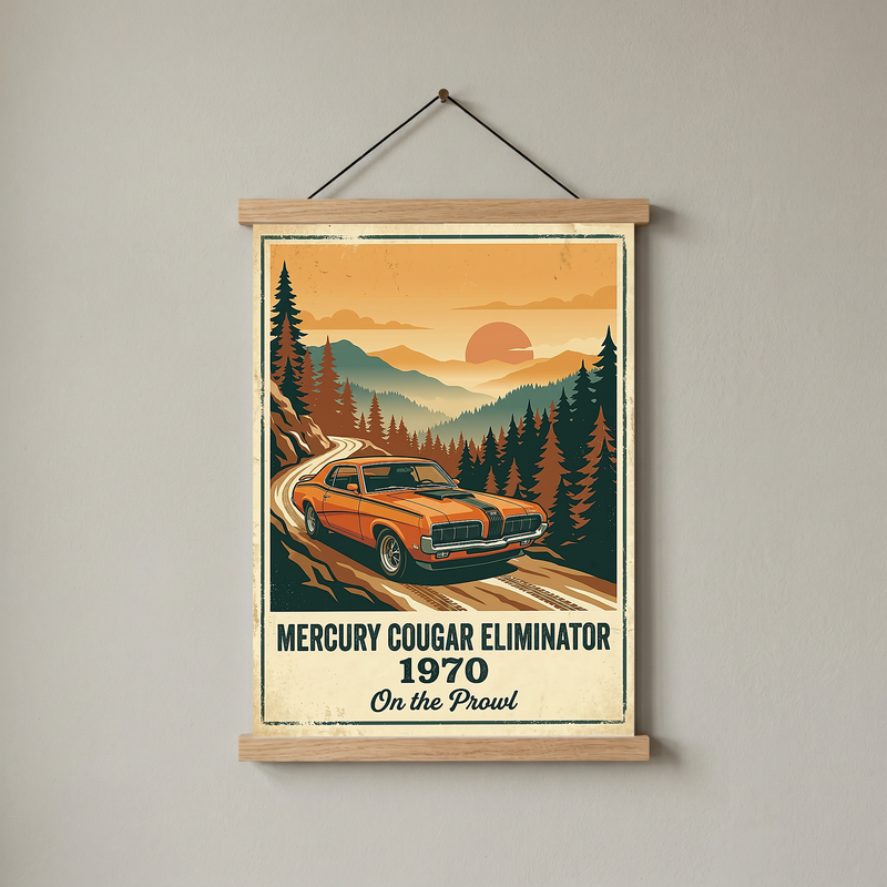 Mercury Cougar Eliminator 1970 V2 Poster — Vintage Muscle Car Pine Forest Sunset