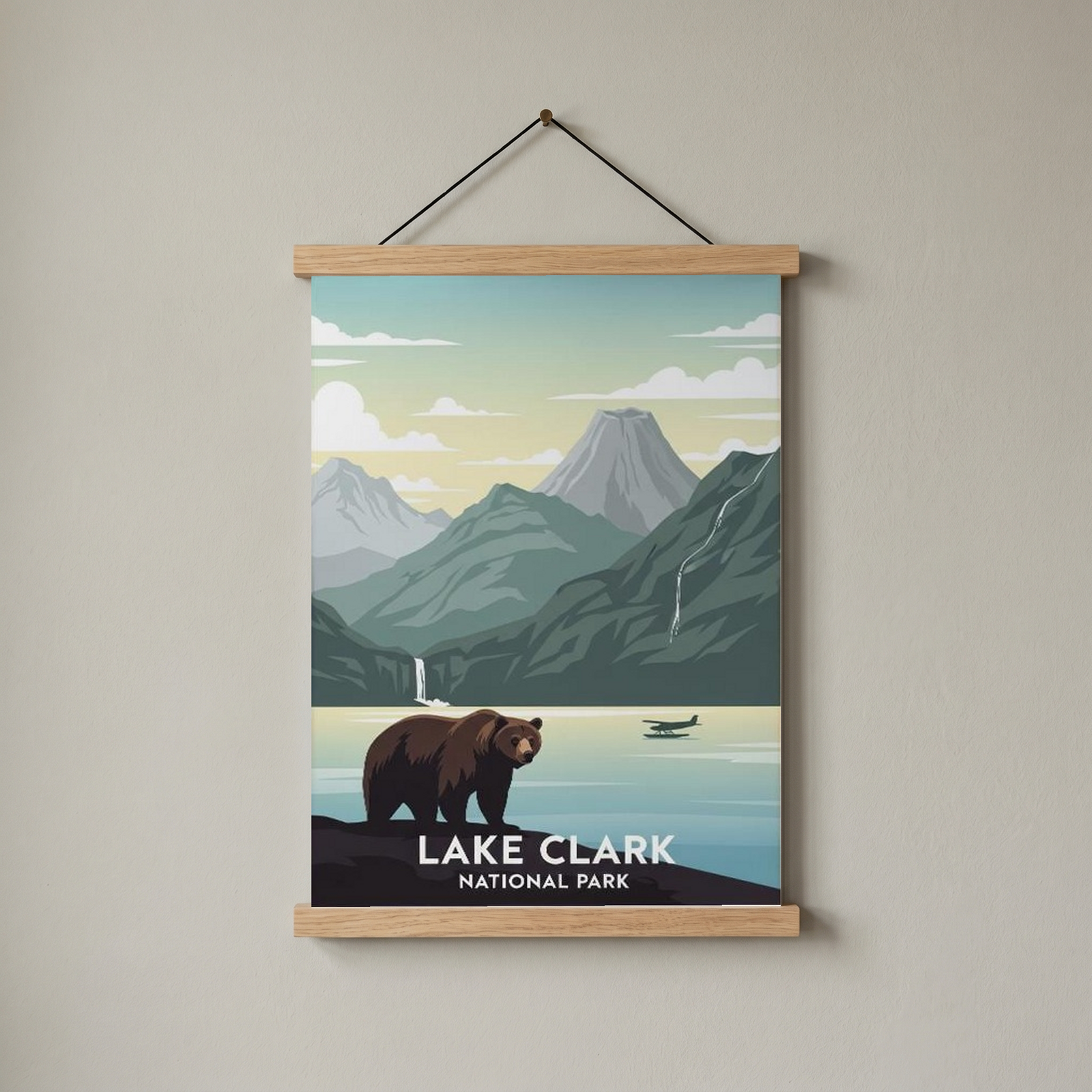 Lake Clark National Park Poster — Vintage Alaska Brown Bear Floatplane Print