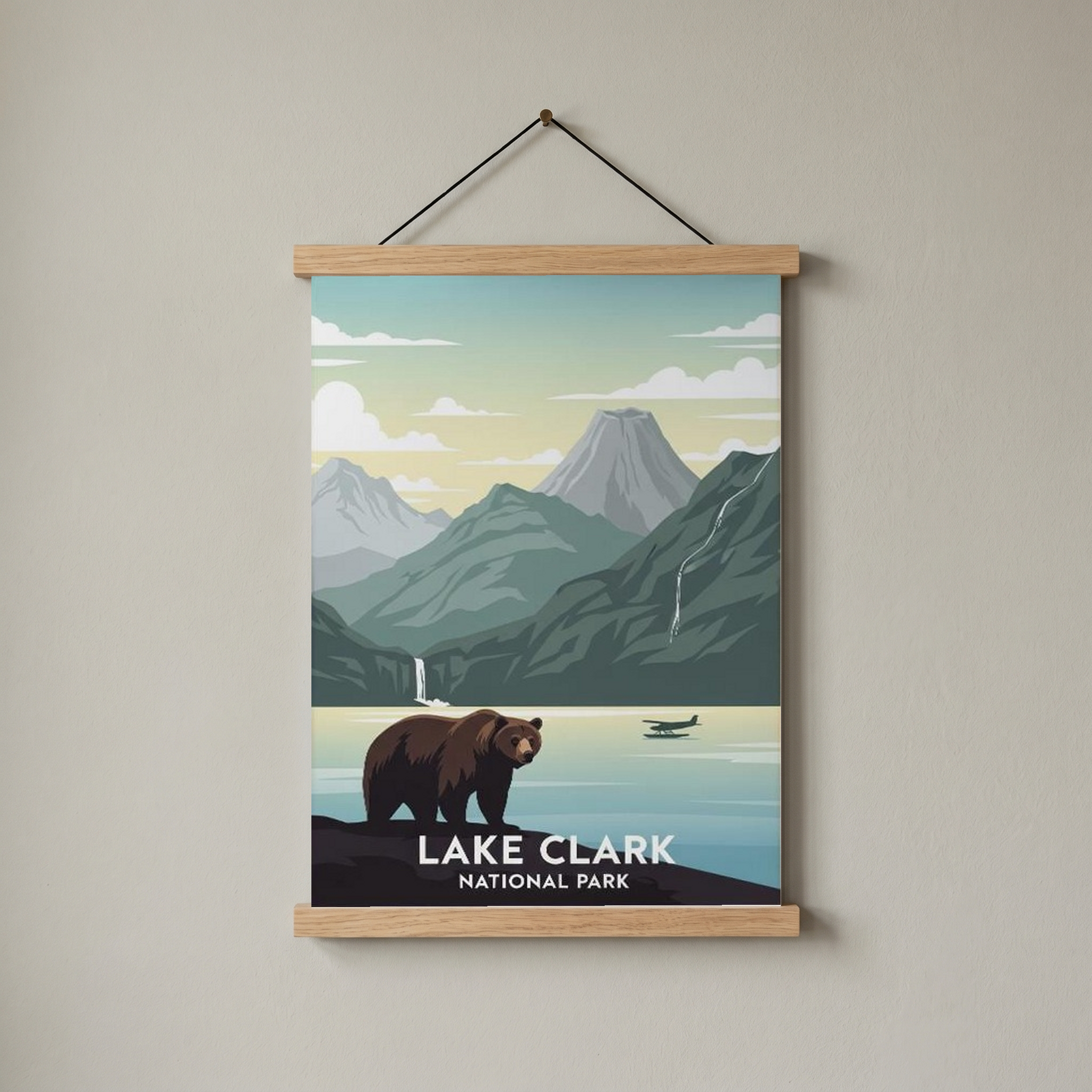 Lake Clark National Park Poster — Vintage Alaska Brown Bear Floatplane Print