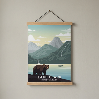 Lake Clark National Park Poster — Vintage Alaska Brown Bear Floatplane Print