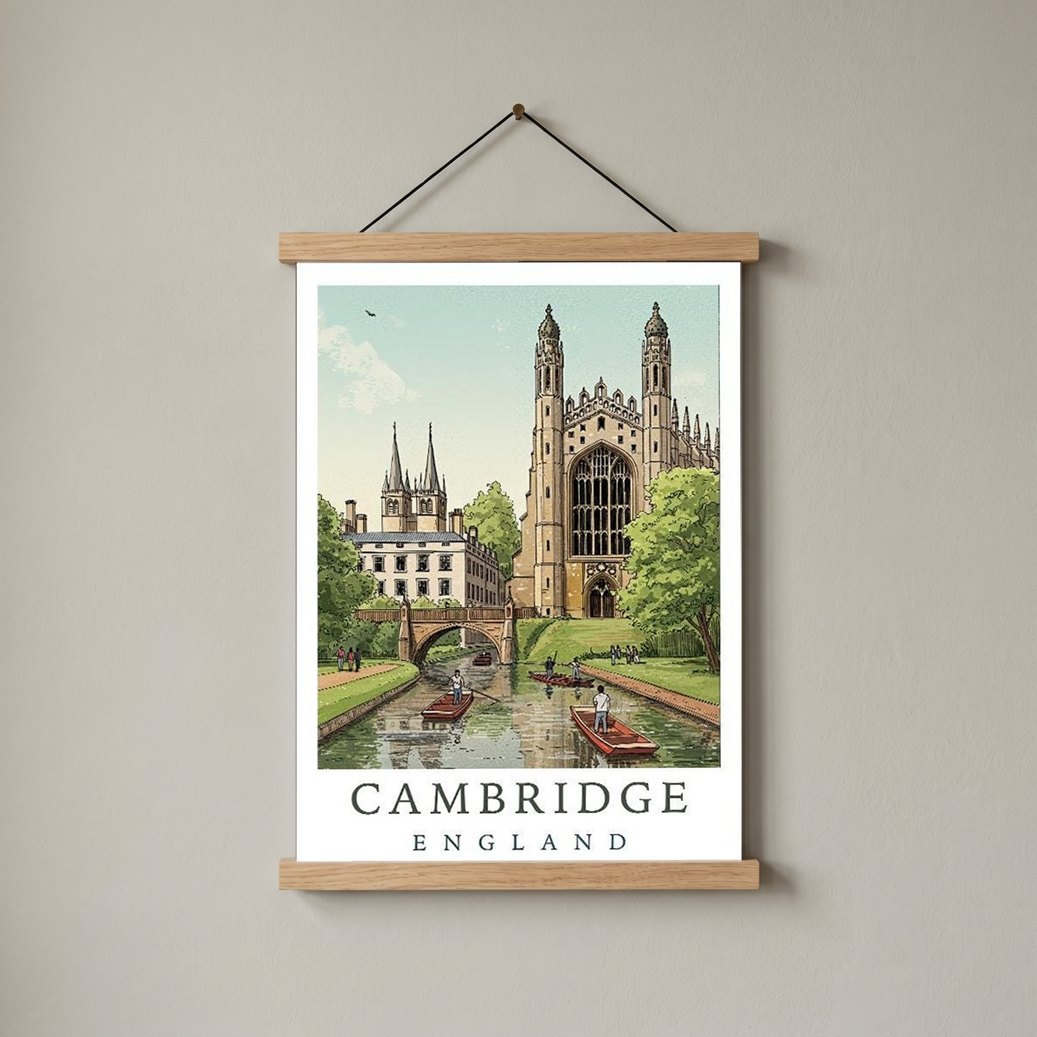 Cambridge England Travel Poster — King's College Punting River Cam Print