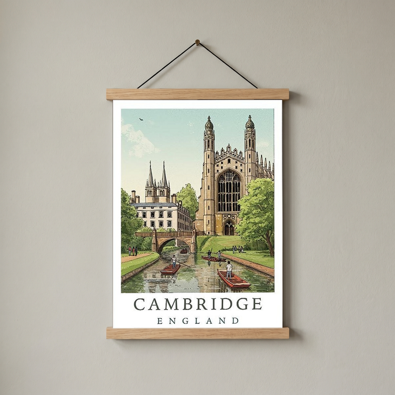 Cambridge England Travel Poster — King's College Punting River Cam Print