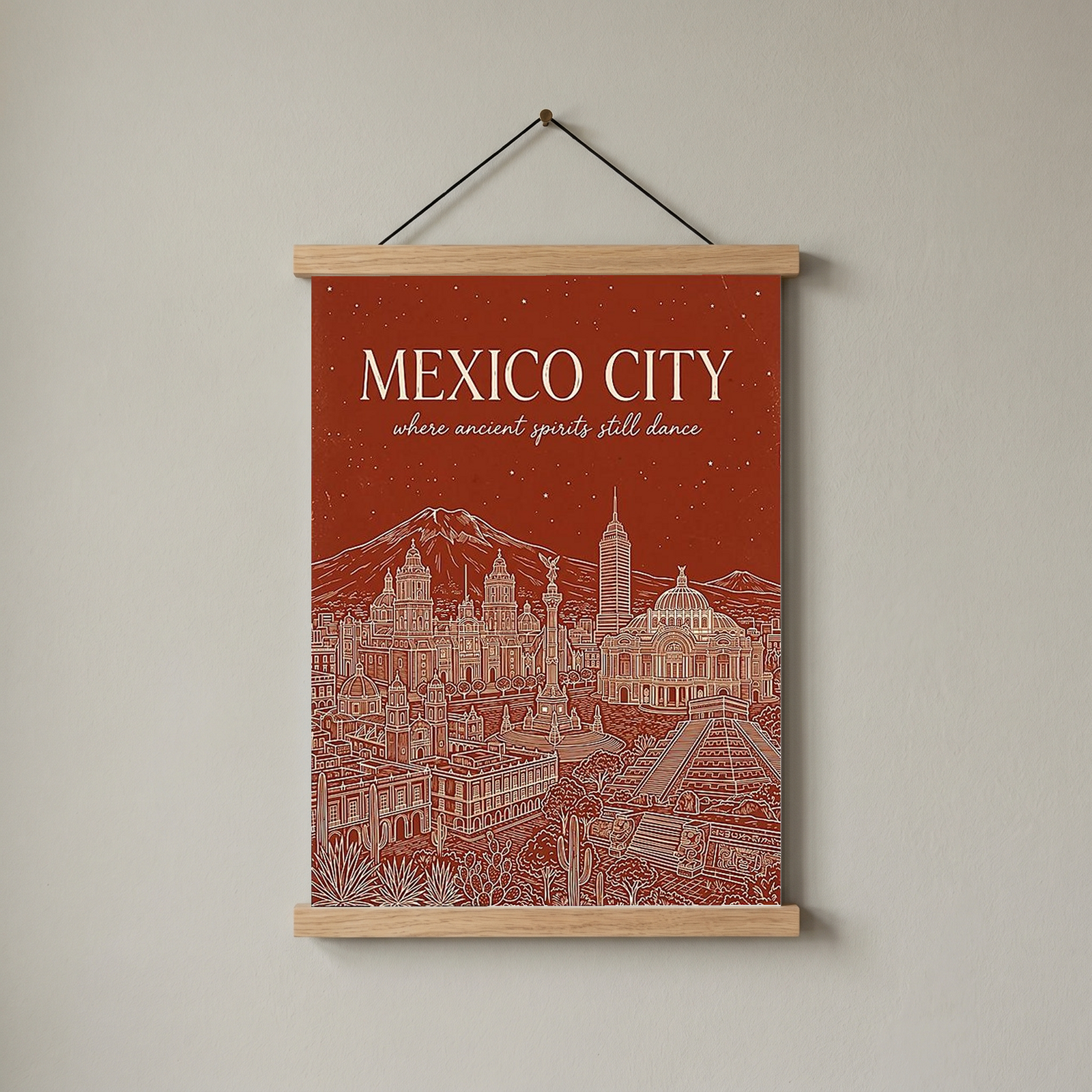Mexico City Line Art Print — Rust Bellas Artes Templo Mayor Skyline Wall Art