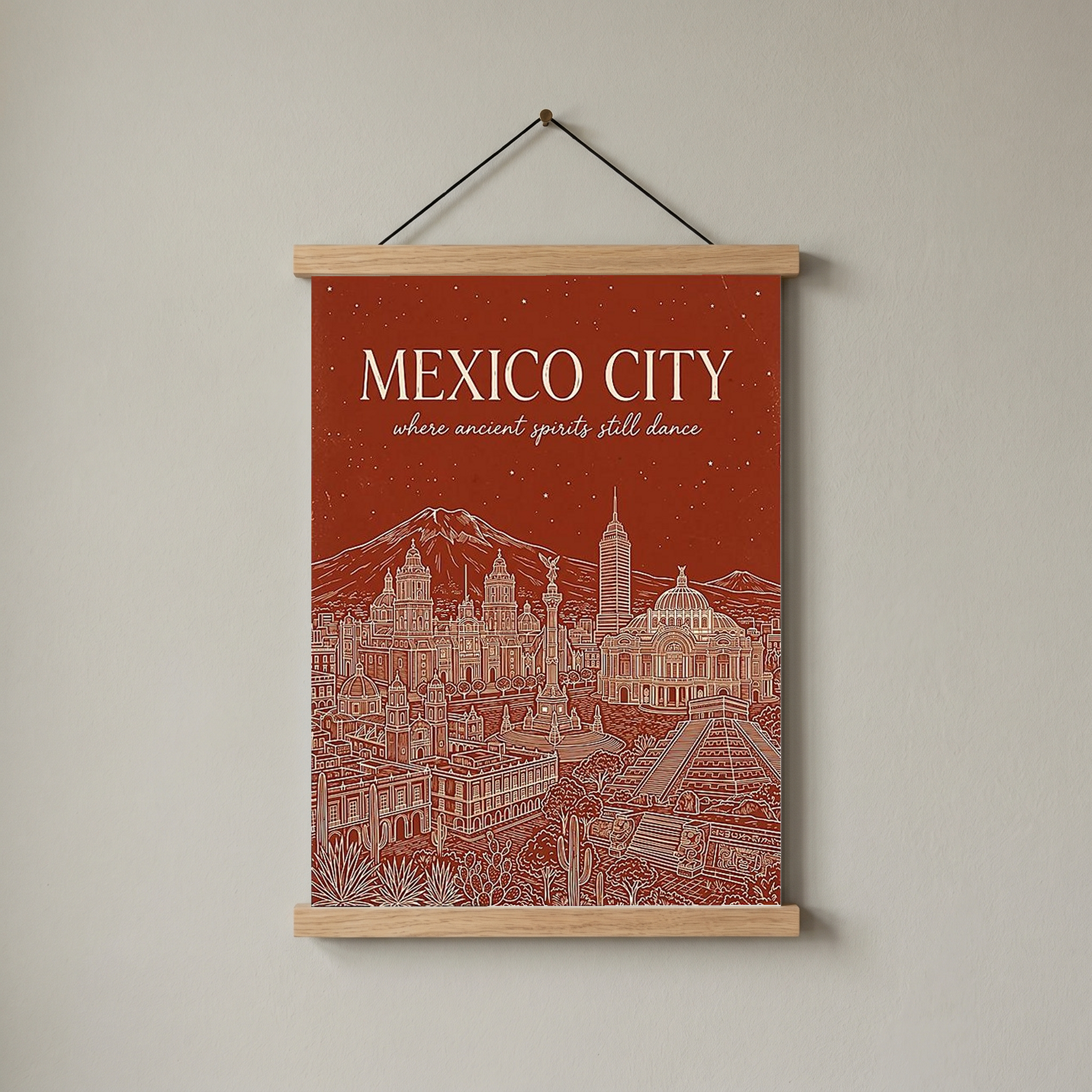 Mexico City Line Art Print — Rust Bellas Artes Templo Mayor Skyline Wall Art