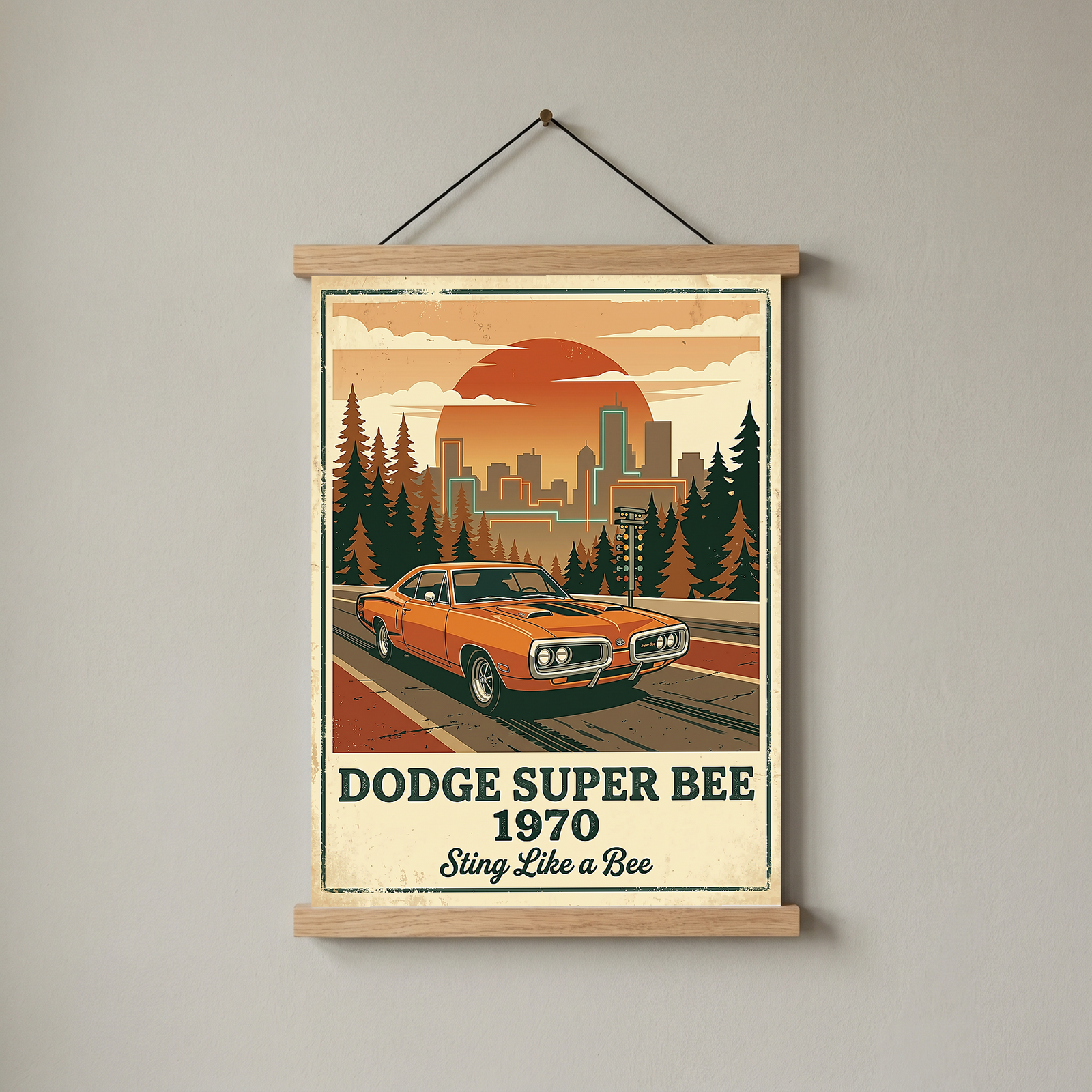 Dodge Super Bee 1970 Poster — Vintage Muscle Car City Skyline Print