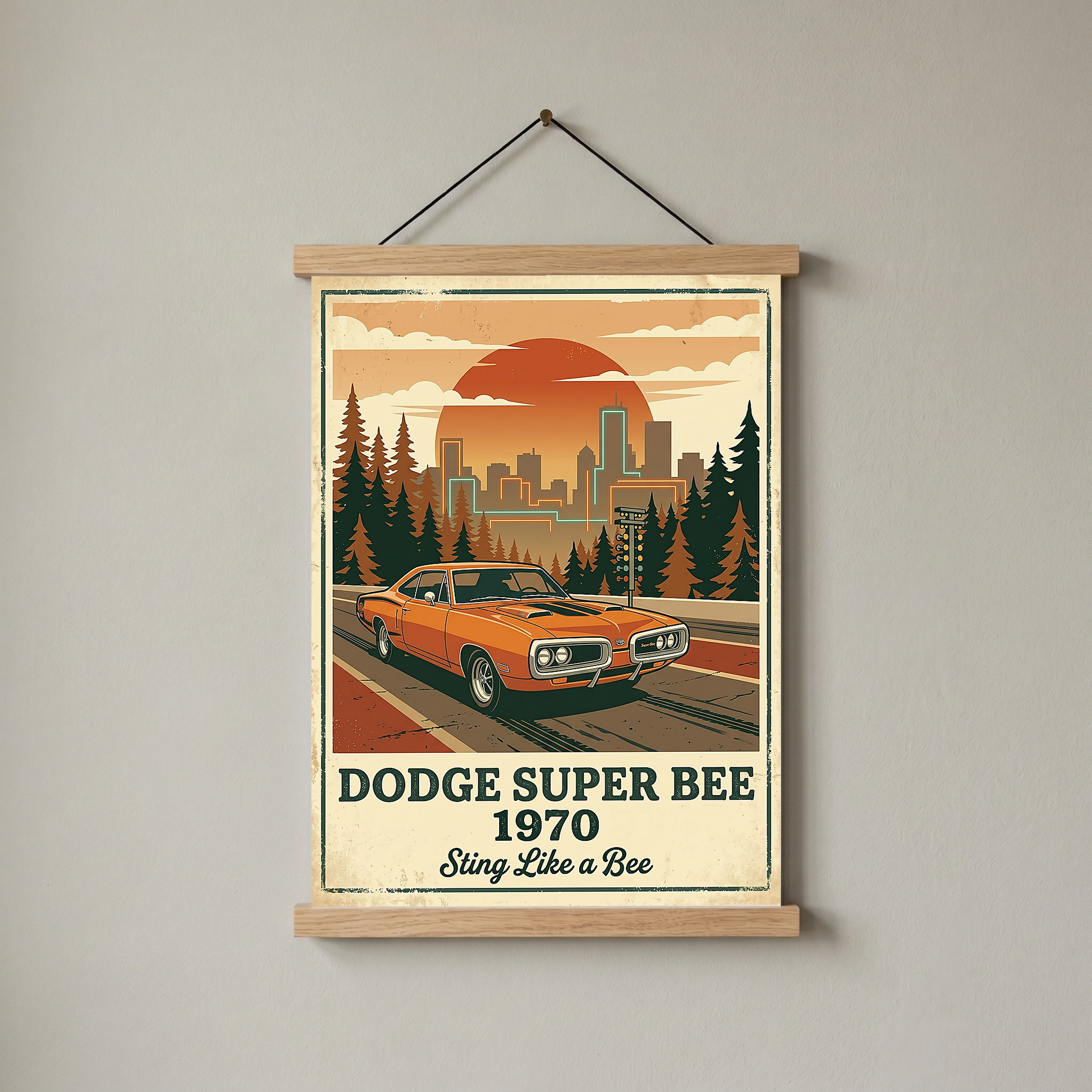 Dodge Super Bee 1970 Poster — Vintage Muscle Car City Skyline Print