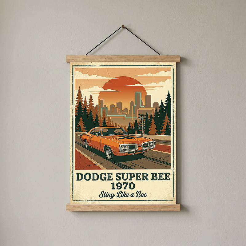 Dodge Super Bee 1970 Poster — Vintage Muscle Car City Skyline Print
