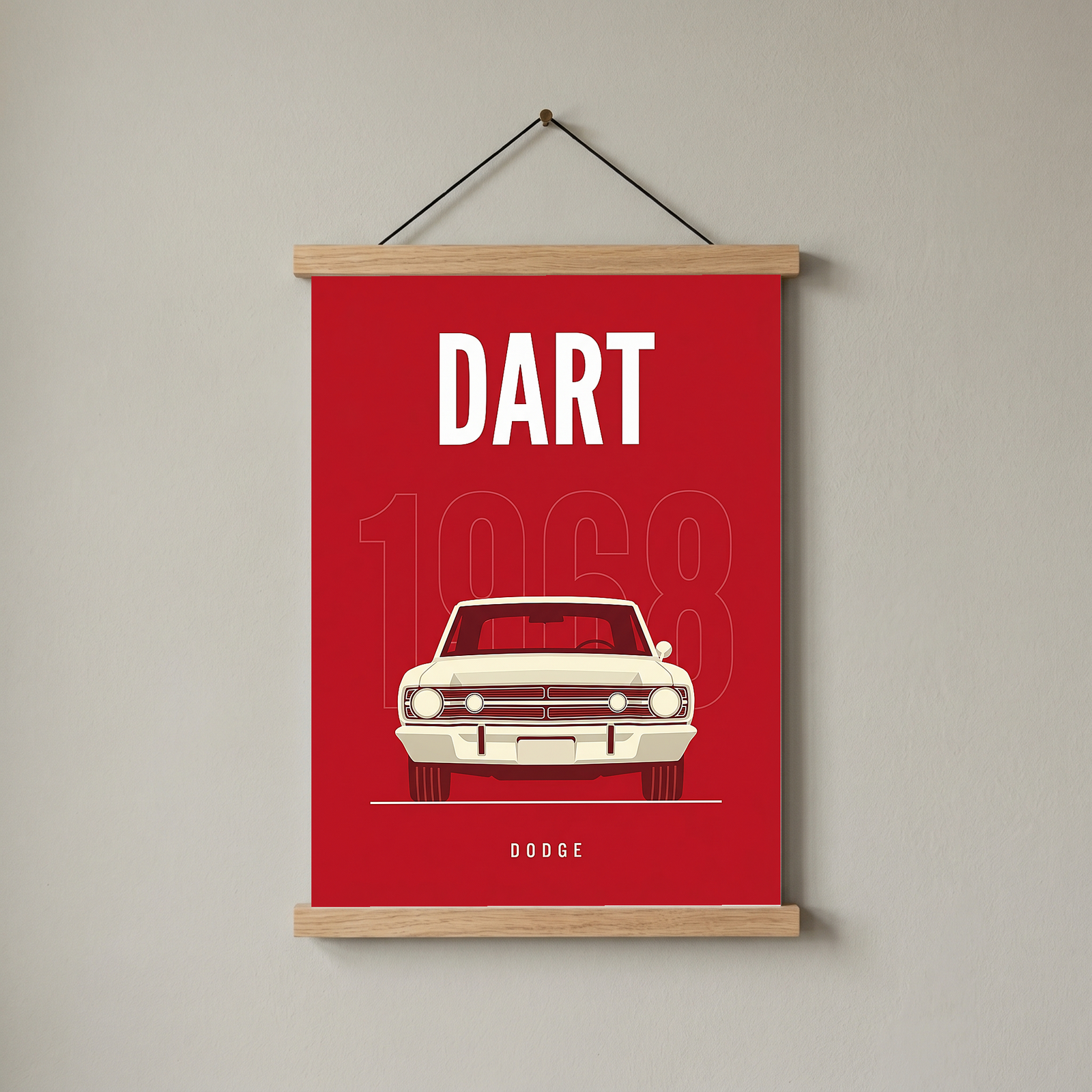Dodge Dart 1968 Minimalist Poster — Ivory on Cherry Red Muscle Line Art