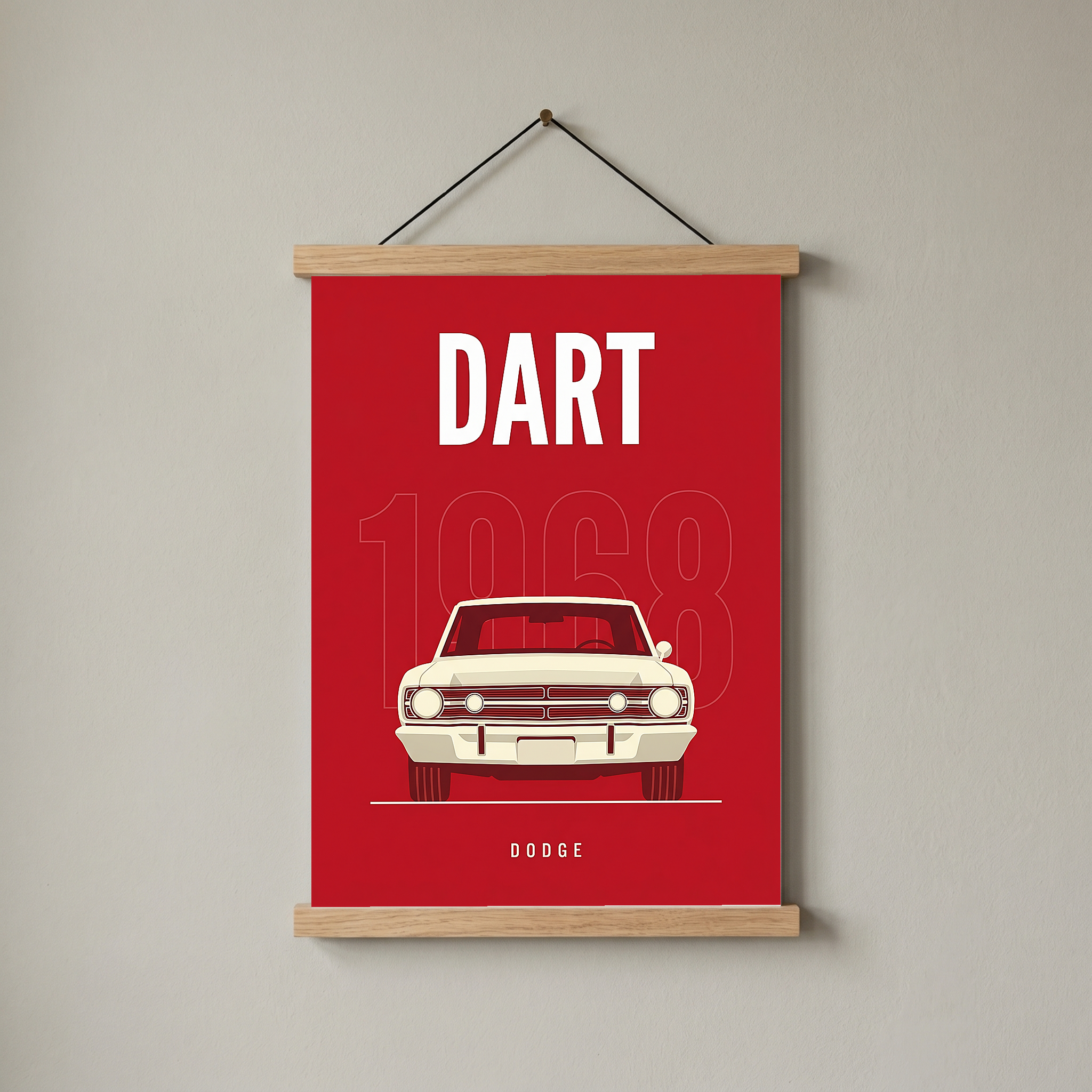Dodge Dart 1968 Minimalist Poster — Ivory on Cherry Red Muscle Line Art