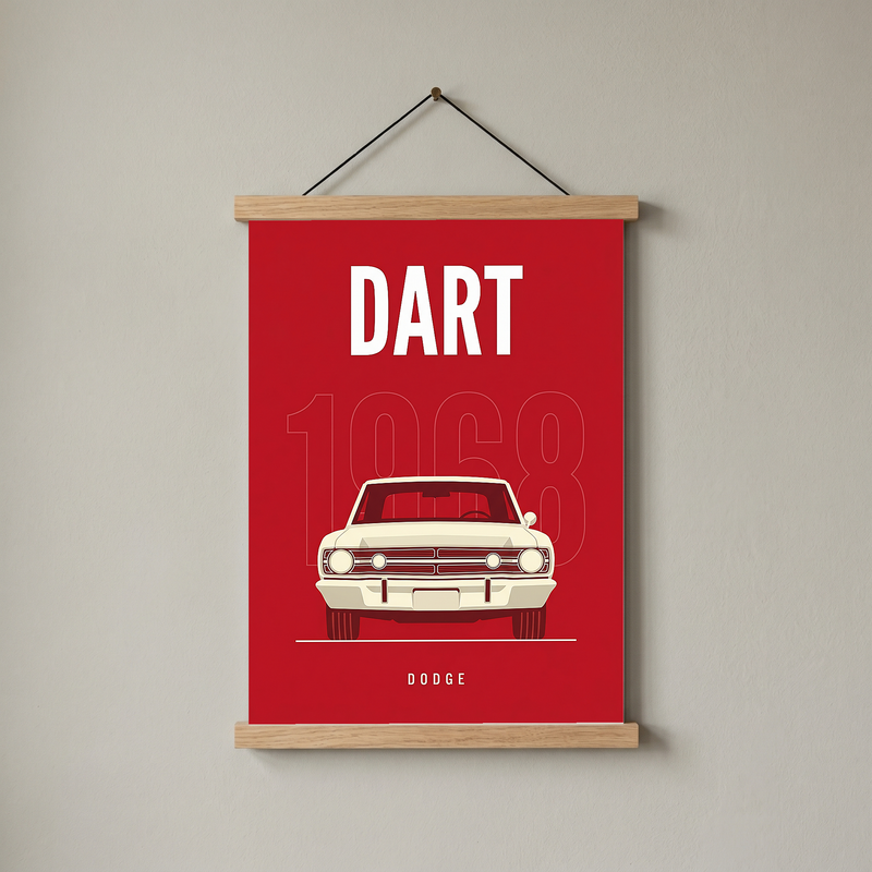 Dodge Dart 1968 Minimalist Poster — Ivory on Cherry Red Muscle Line Art