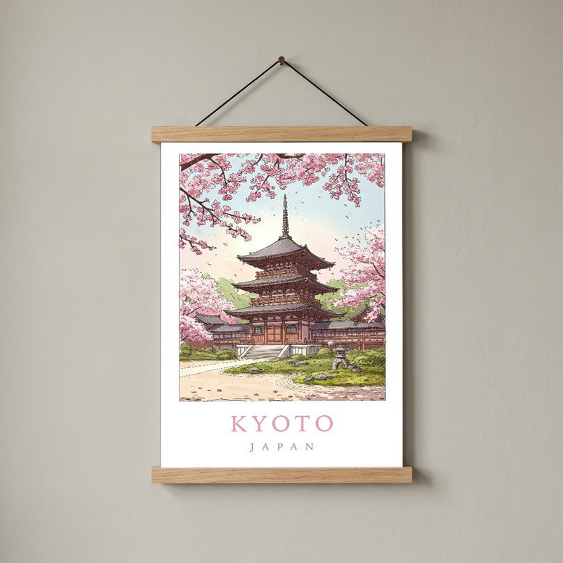 Kyoto Japan Travel Poster — Cherry Blossom Pagoda Temple Print