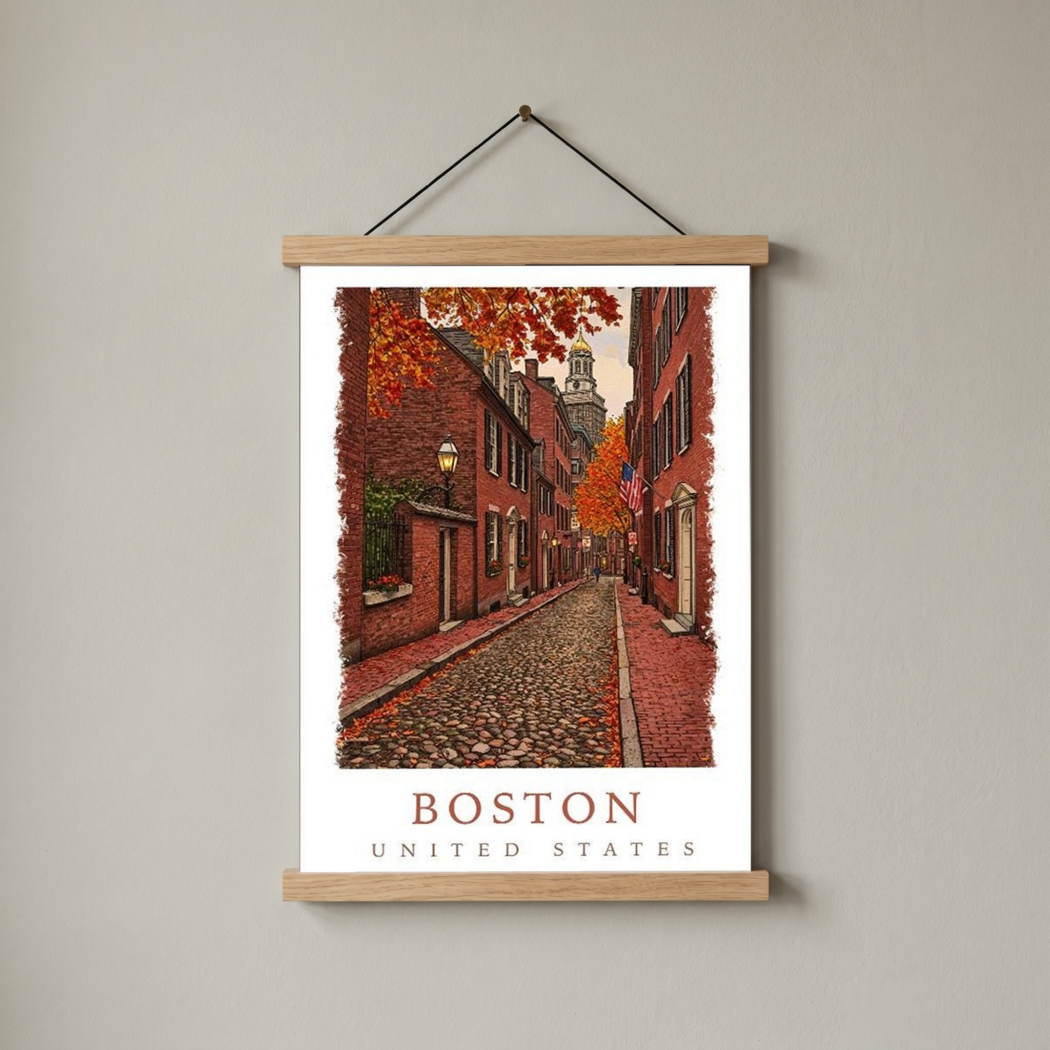 Boston USA Travel Poster — Acorn Street Beacon Hill Fall Foliage Print