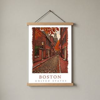 Boston USA Travel Poster — Acorn Street Beacon Hill Fall Foliage Print