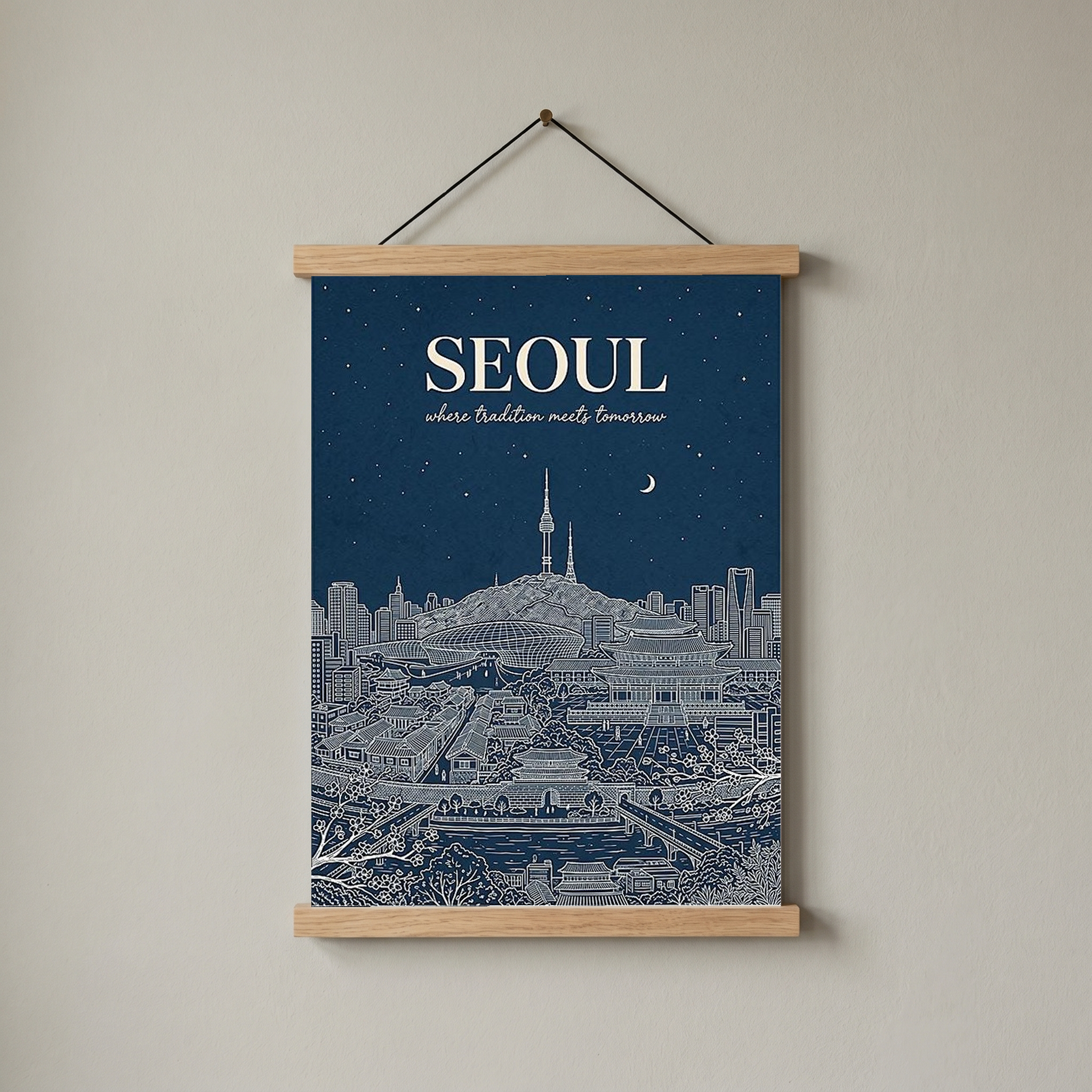 Seoul Line Art Print — Navy N Seoul Tower Gyeongbokgung Palace Skyline Wall Art