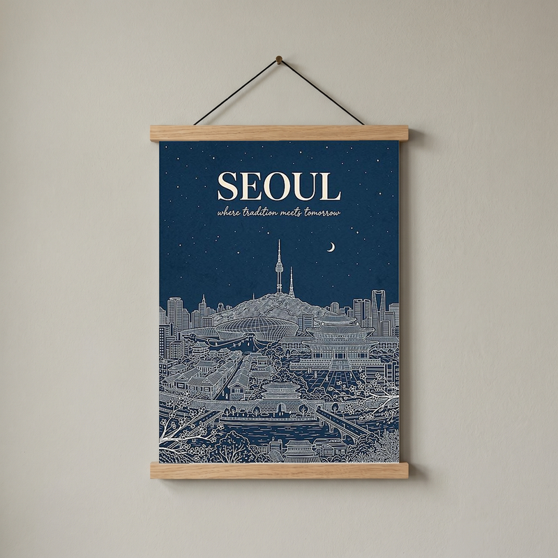 Seoul Line Art Print — Navy N Seoul Tower Gyeongbokgung Palace Skyline Wall Art