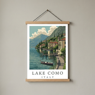 Lake Como Italy Travel Poster — Lakeside Village Boat Landscape Print