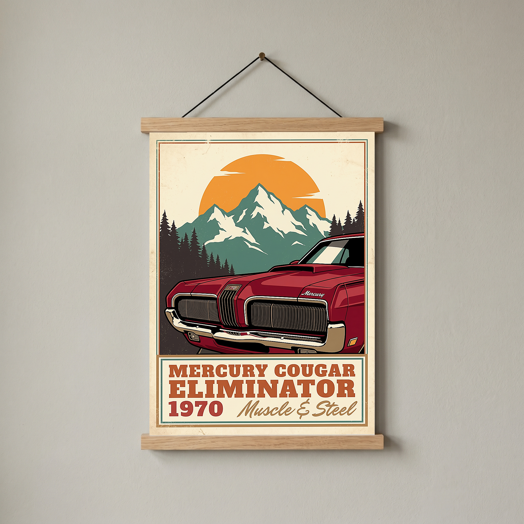 Mercury Cougar Eliminator 1970 V3 Poster — Vintage Muscle Front Grille Mountain Print