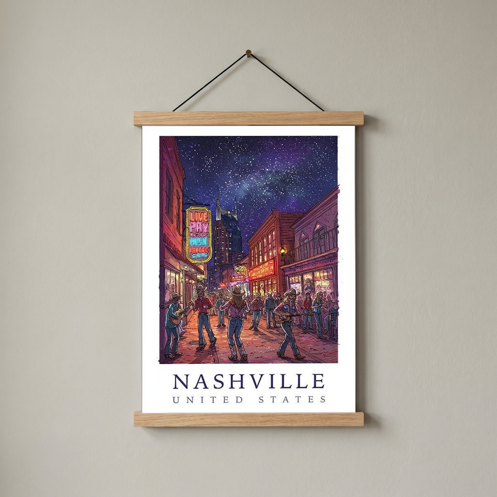 Nashville Travel Poster — Music City Broadway Honky Tonks Night Print