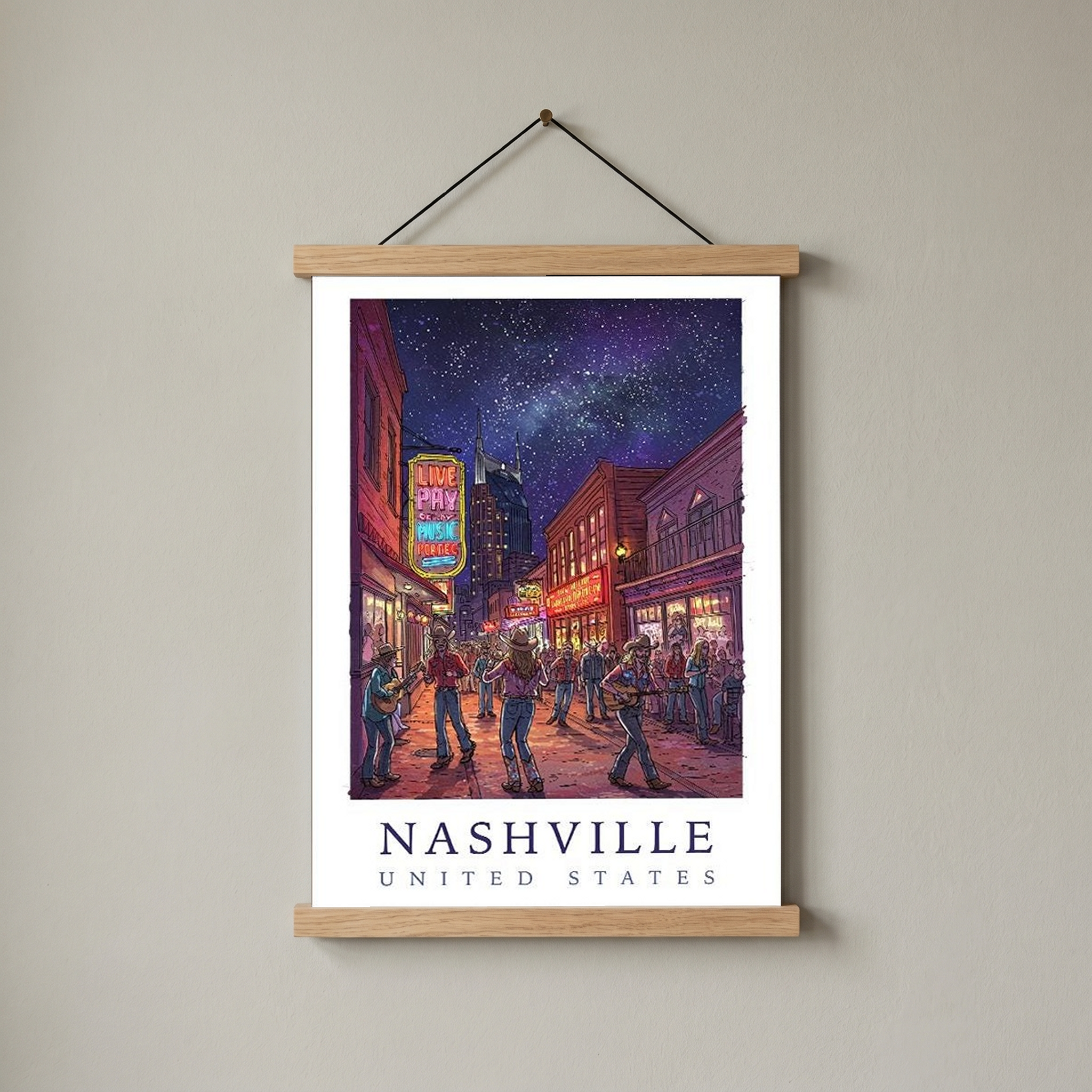 Nashville Travel Poster — Music City Broadway Honky Tonks Night Print