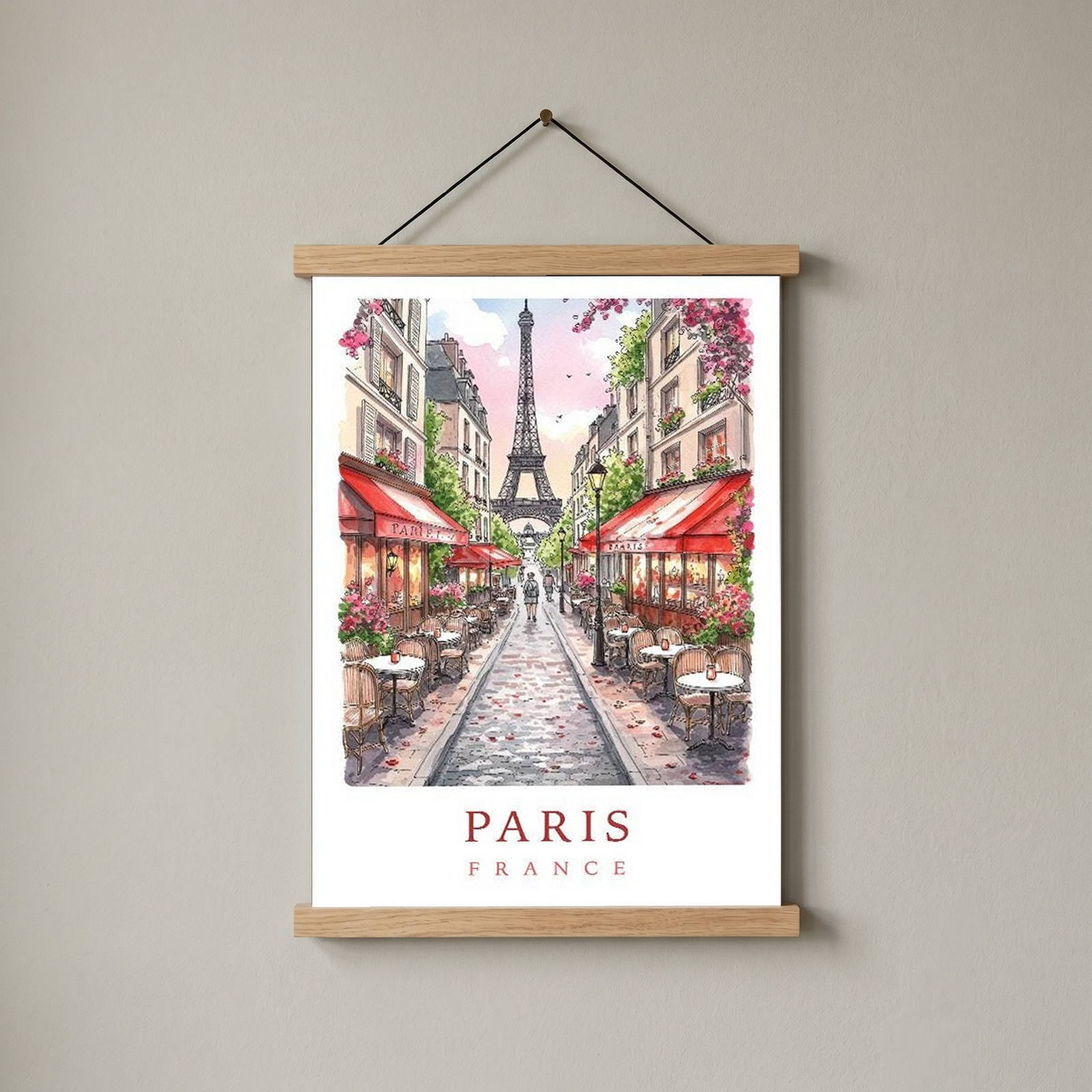 Paris France Travel Poster — Eiffel Tower Street Cafe Print