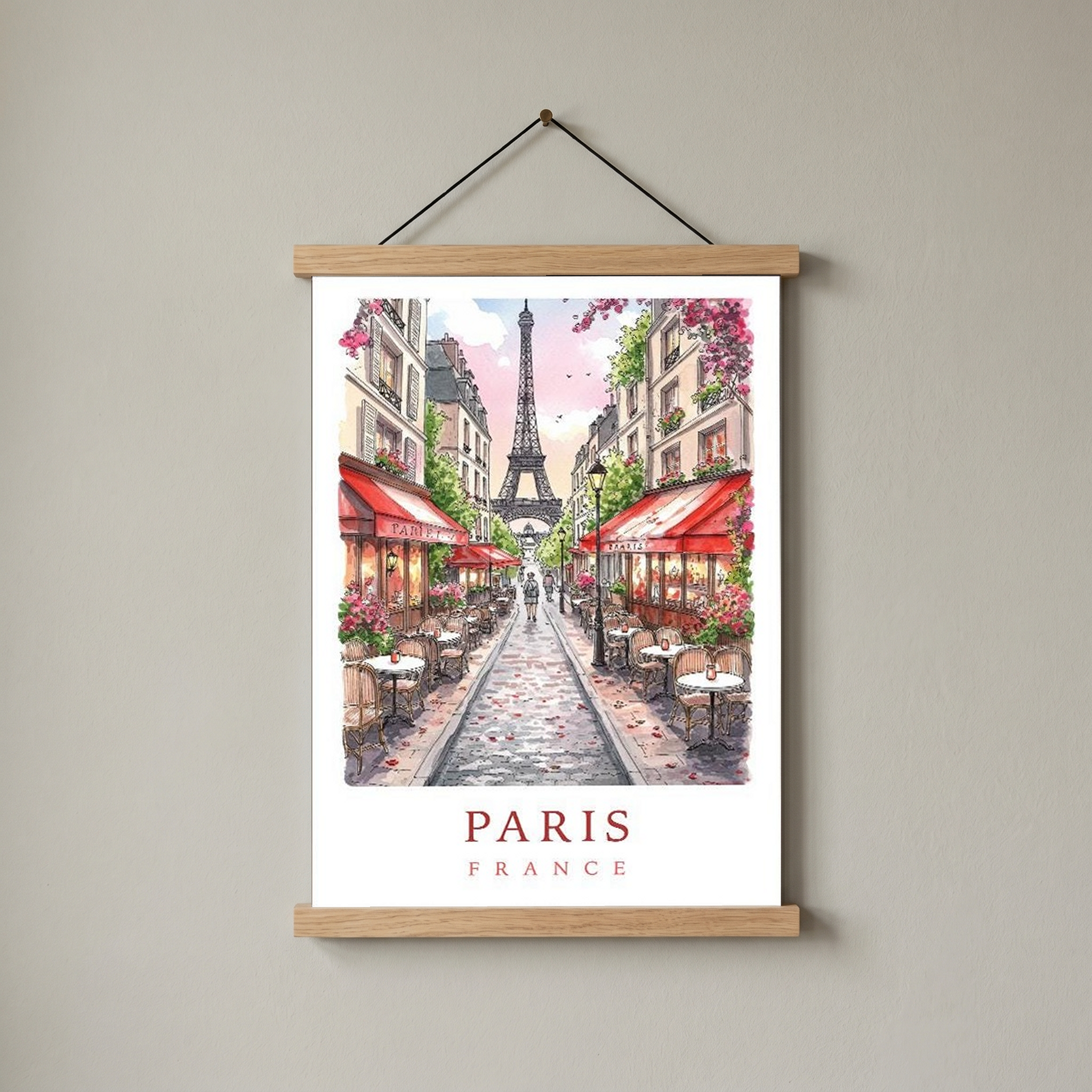 Paris France Travel Poster — Eiffel Tower Street Cafe Print