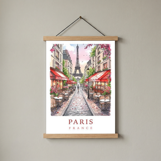 Paris France Travel Poster — Eiffel Tower Street Cafe Print