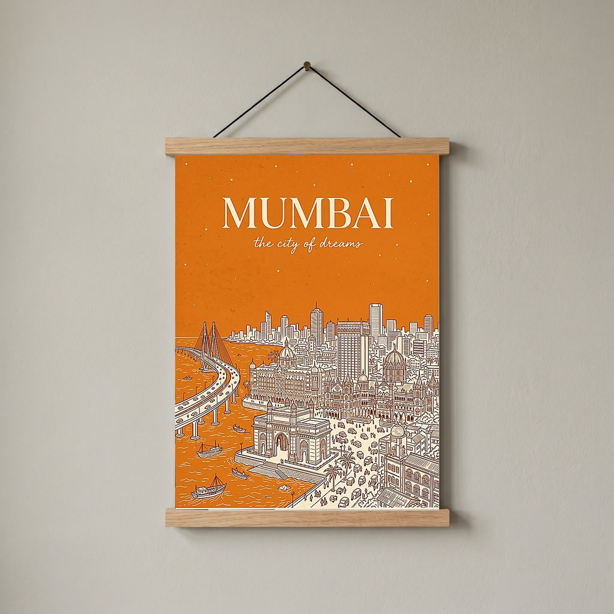 Mumbai Line Art Print — Saffron Gateway of India Marine Drive Skyline Wall Art