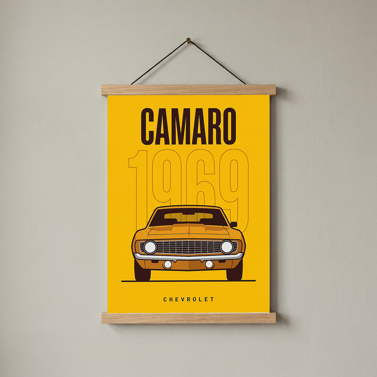Chevrolet Camaro 1969 V2 Yellow Minimalist Poster — Muscle Car Line Art