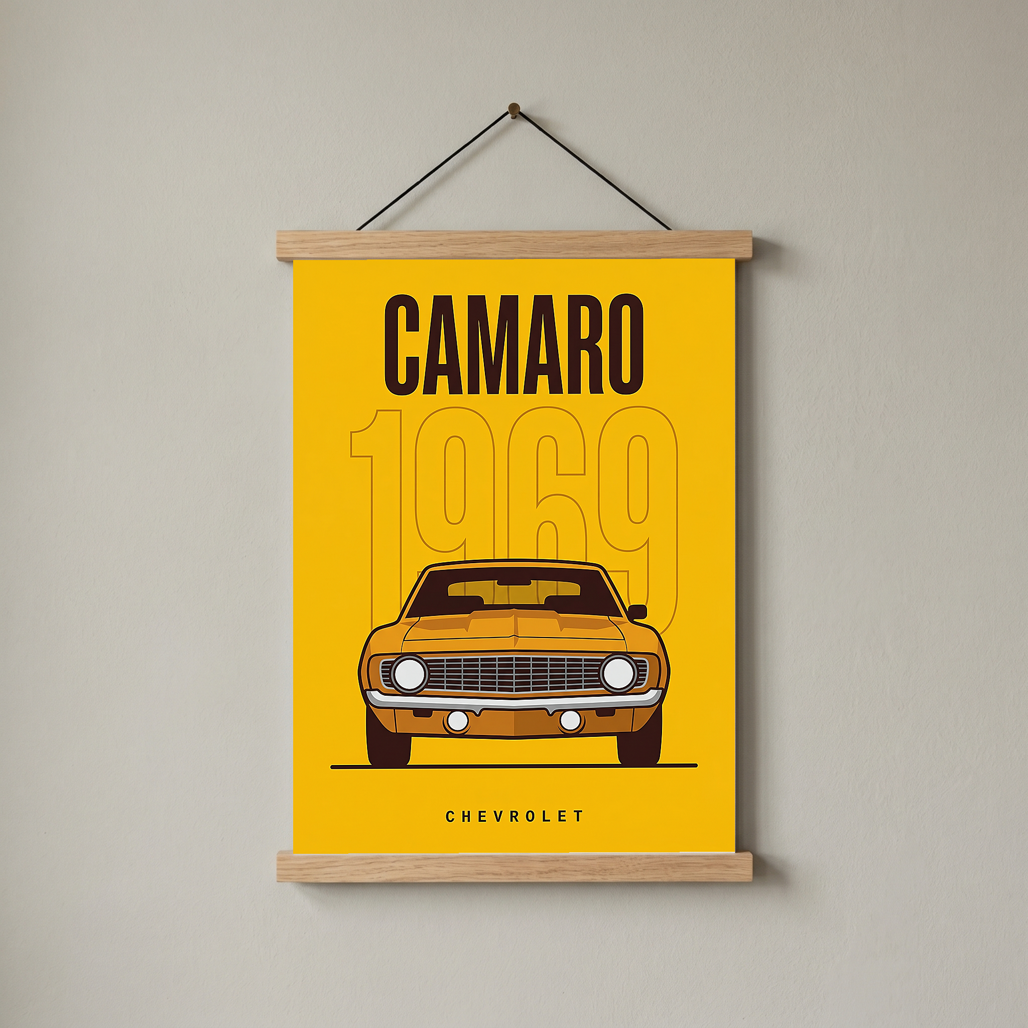 Chevrolet Camaro 1969 V2 Yellow Minimalist Poster — Muscle Car Line Art