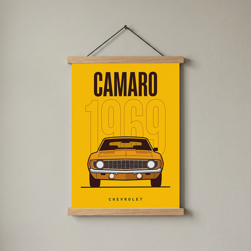 Chevrolet Camaro 1969 V2 Yellow Minimalist Poster — Muscle Car Line Art