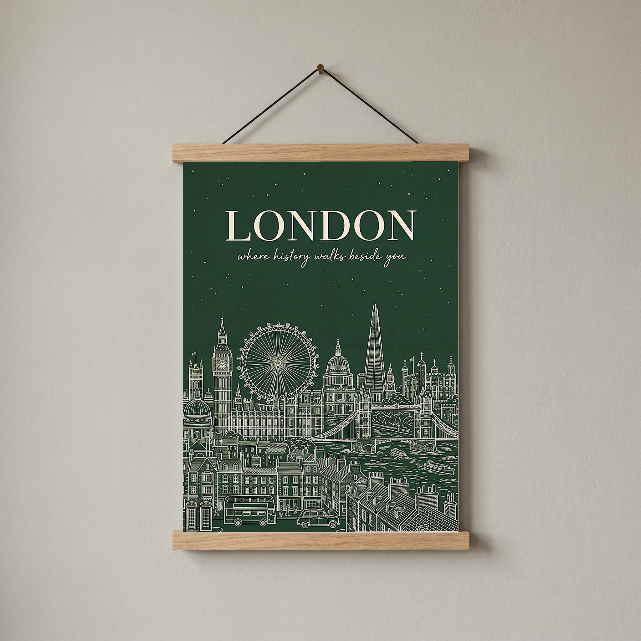 London Line Art Print — Forest Green Big Ben London Eye Skyline Wall Art