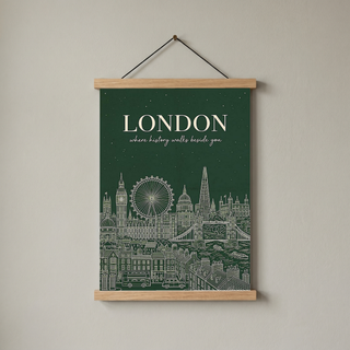 London Line Art Print — Forest Green Big Ben London Eye Skyline Wall Art