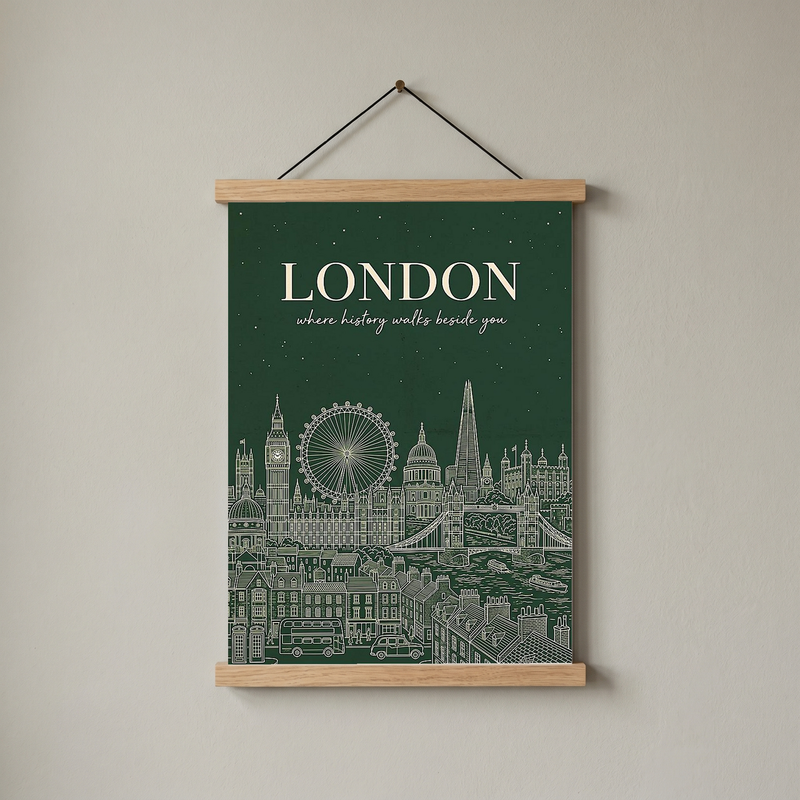 London Line Art Print — Forest Green Big Ben London Eye Skyline Wall Art