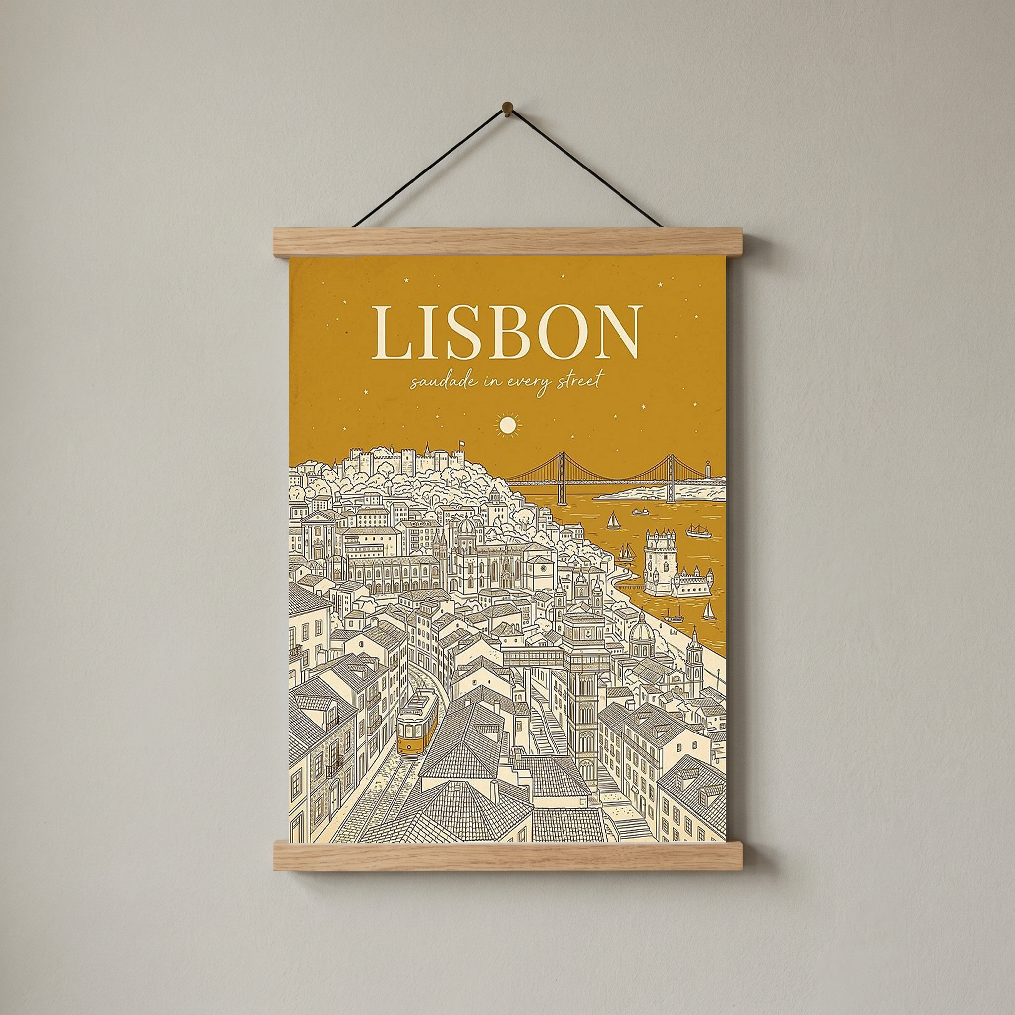 Lisbon Line Art Print — Mustard Yellow Tram Belém Tower Skyline Wall Art