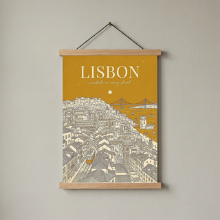 Lisbon Line Art Print — Mustard Yellow Tram Belém Tower Skyline Wall Art