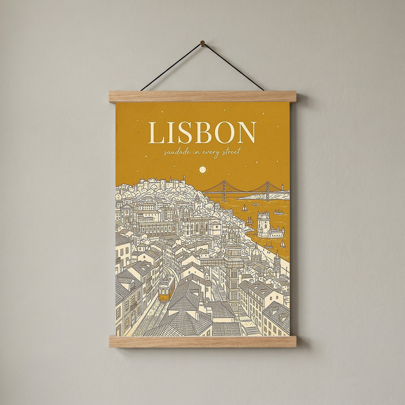 Lisbon Line Art Print — Mustard Yellow Tram Belém Tower Skyline Wall Art