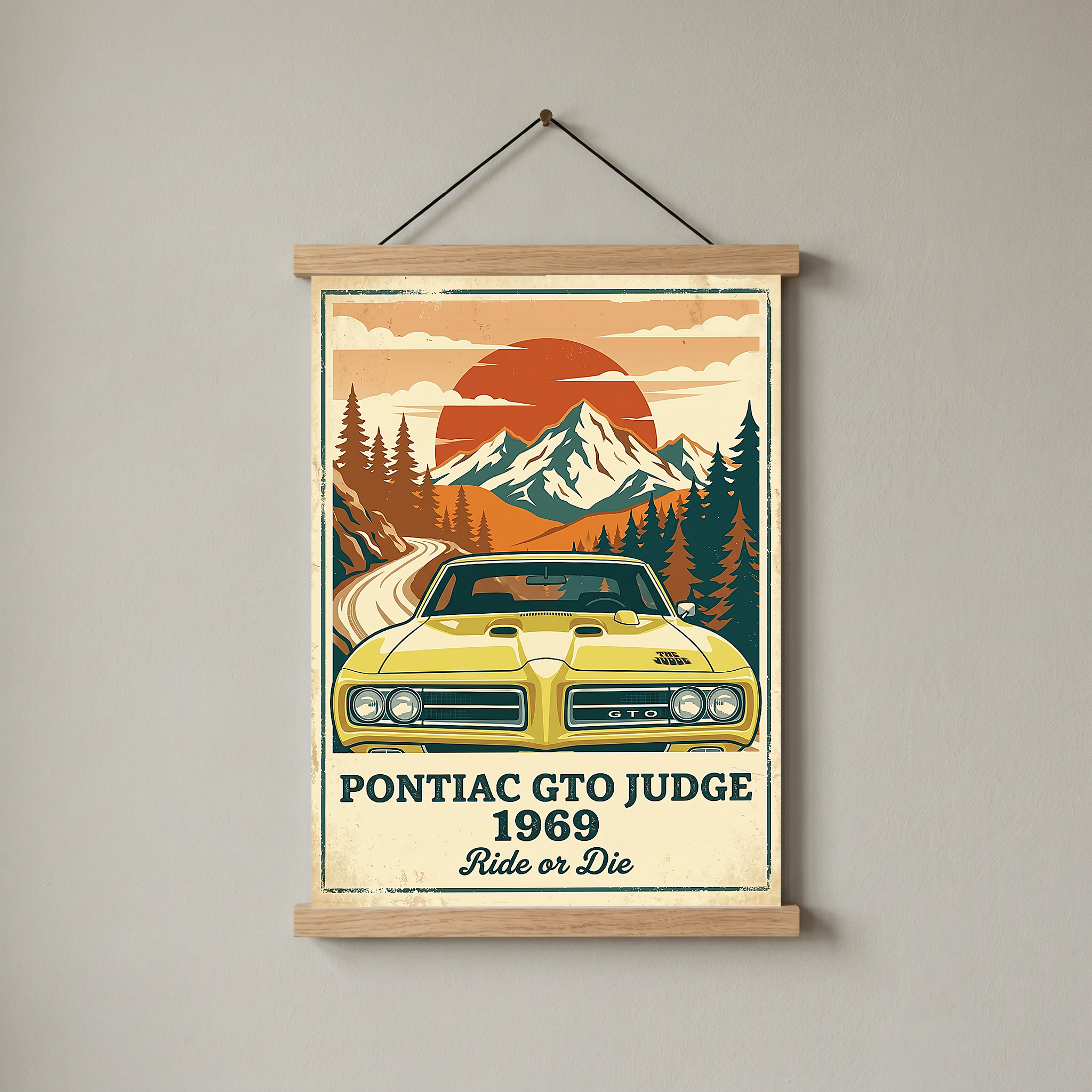 Pontiac GTO Judge 1969 Poster — Vintage Muscle Car Mountain Sunset Print