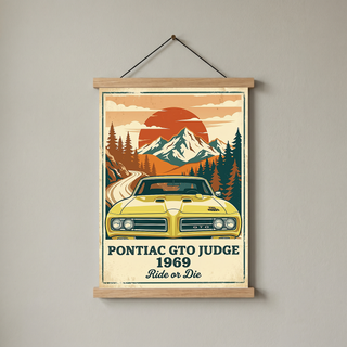 Pontiac GTO Judge 1969 Poster — Vintage Muscle Car Mountain Sunset Print