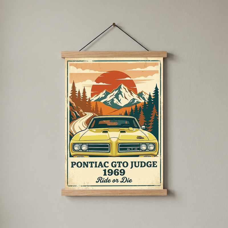 Pontiac GTO Judge 1969 Poster — Vintage Muscle Car Mountain Sunset Print
