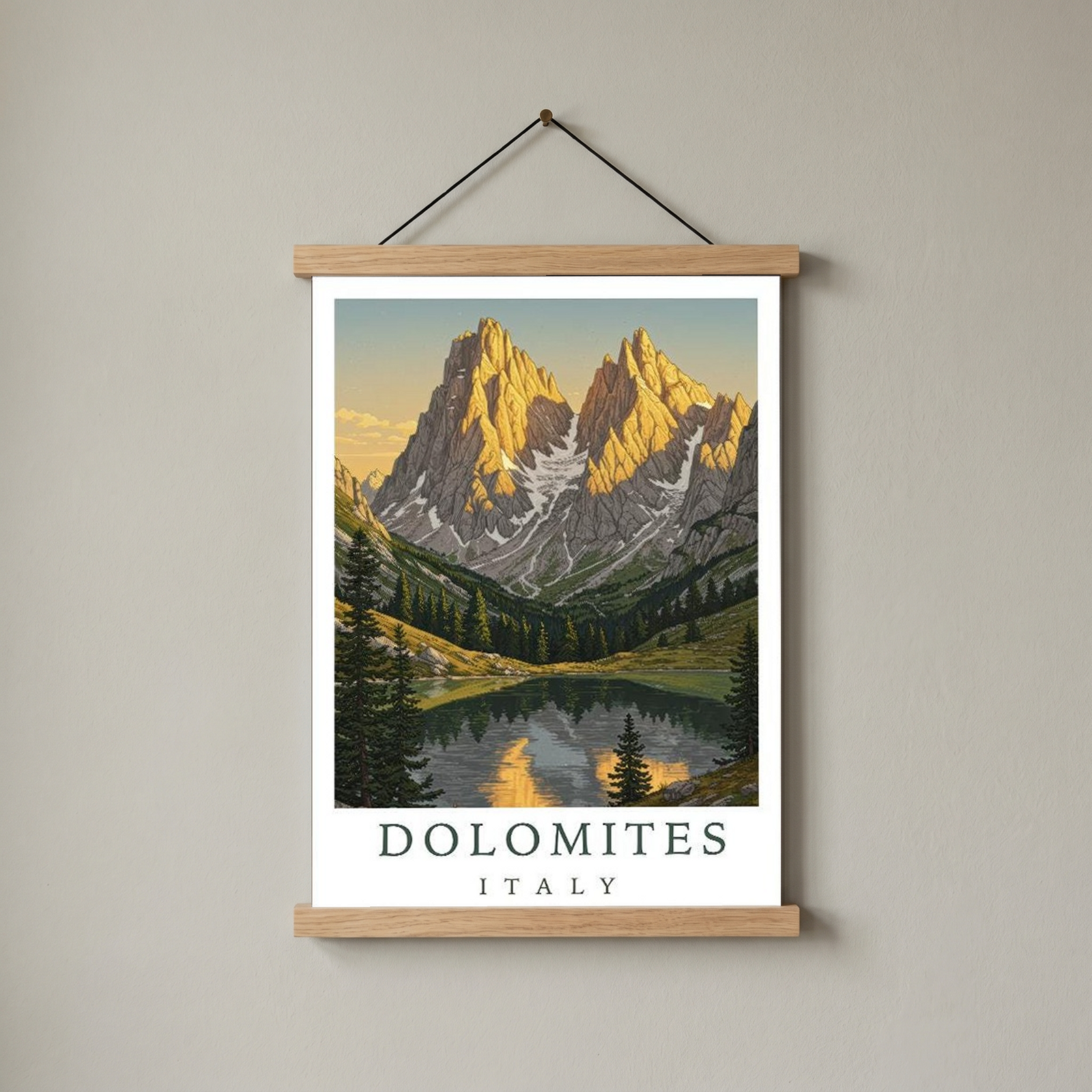 Dolomites Italy Travel Poster — Vintage Alpine Mountain Lake Print