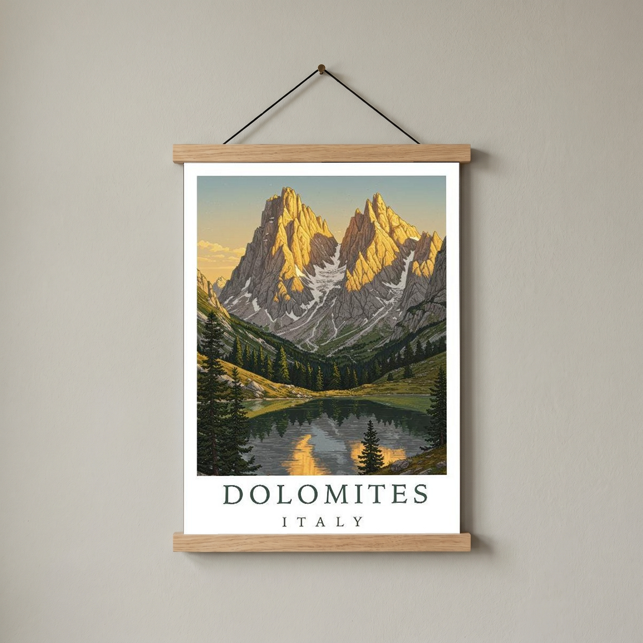 Dolomites Italy Travel Poster — Vintage Alpine Mountain Lake Print