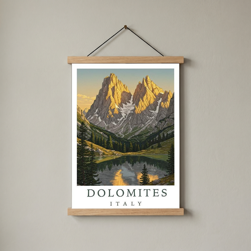 Dolomites Italy Travel Poster — Vintage Alpine Mountain Lake Print