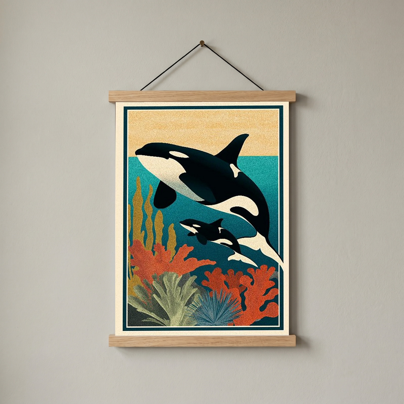 Orca Mother & Calf Ocean Reef Poster - Coastal Wildlife Wall Art