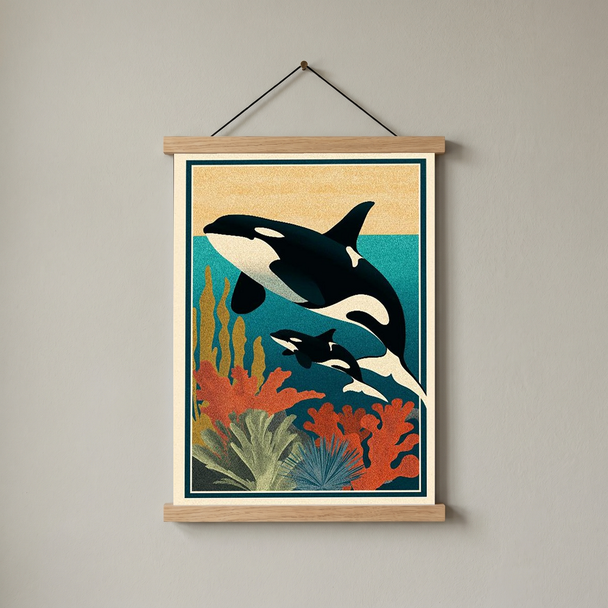 Orca Mother & Calf Ocean Reef Poster - Coastal Wildlife Wall Art
