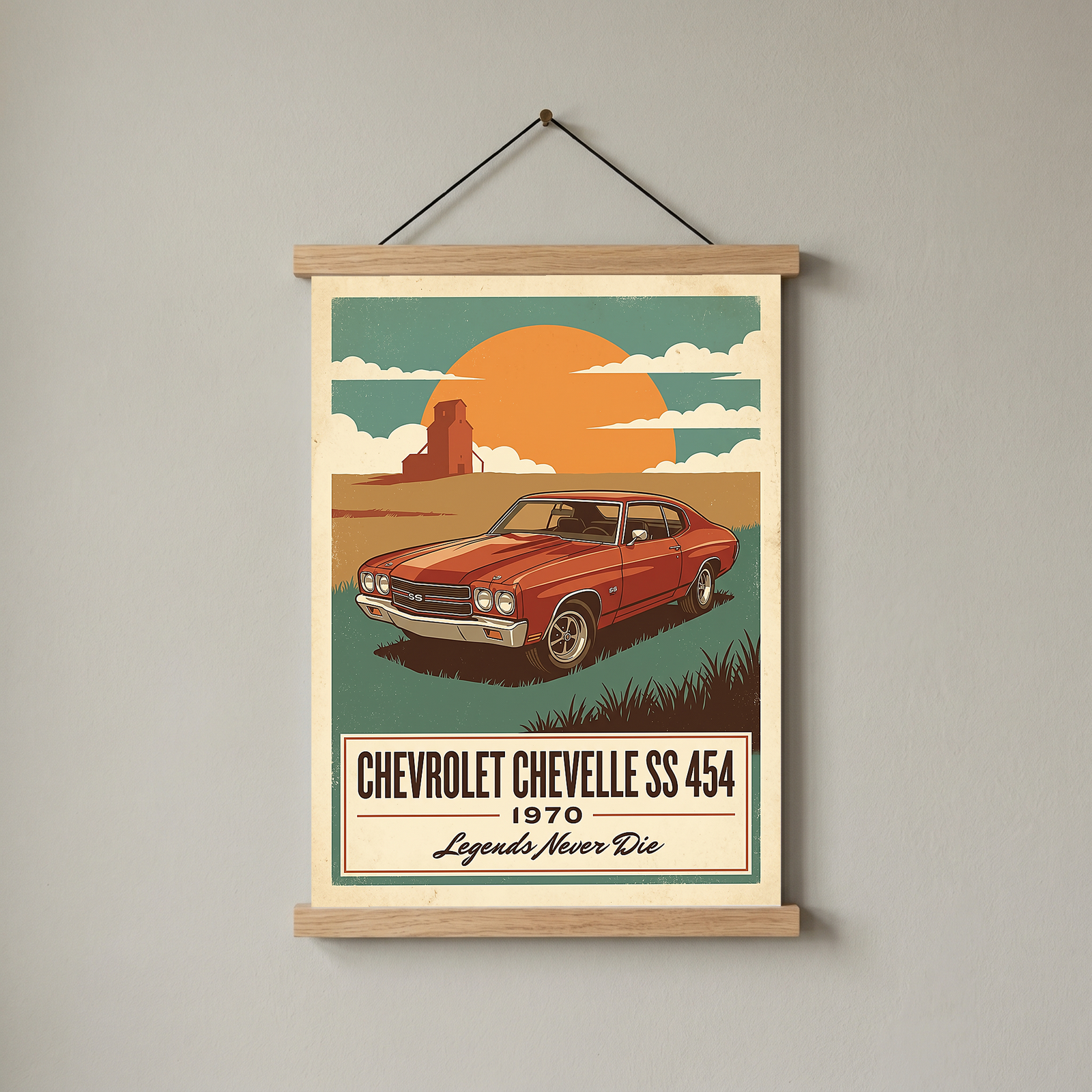 Chevrolet Chevelle SS 454 1970 V8 Sunset Silo Poster — Vintage Muscle Heartland Print