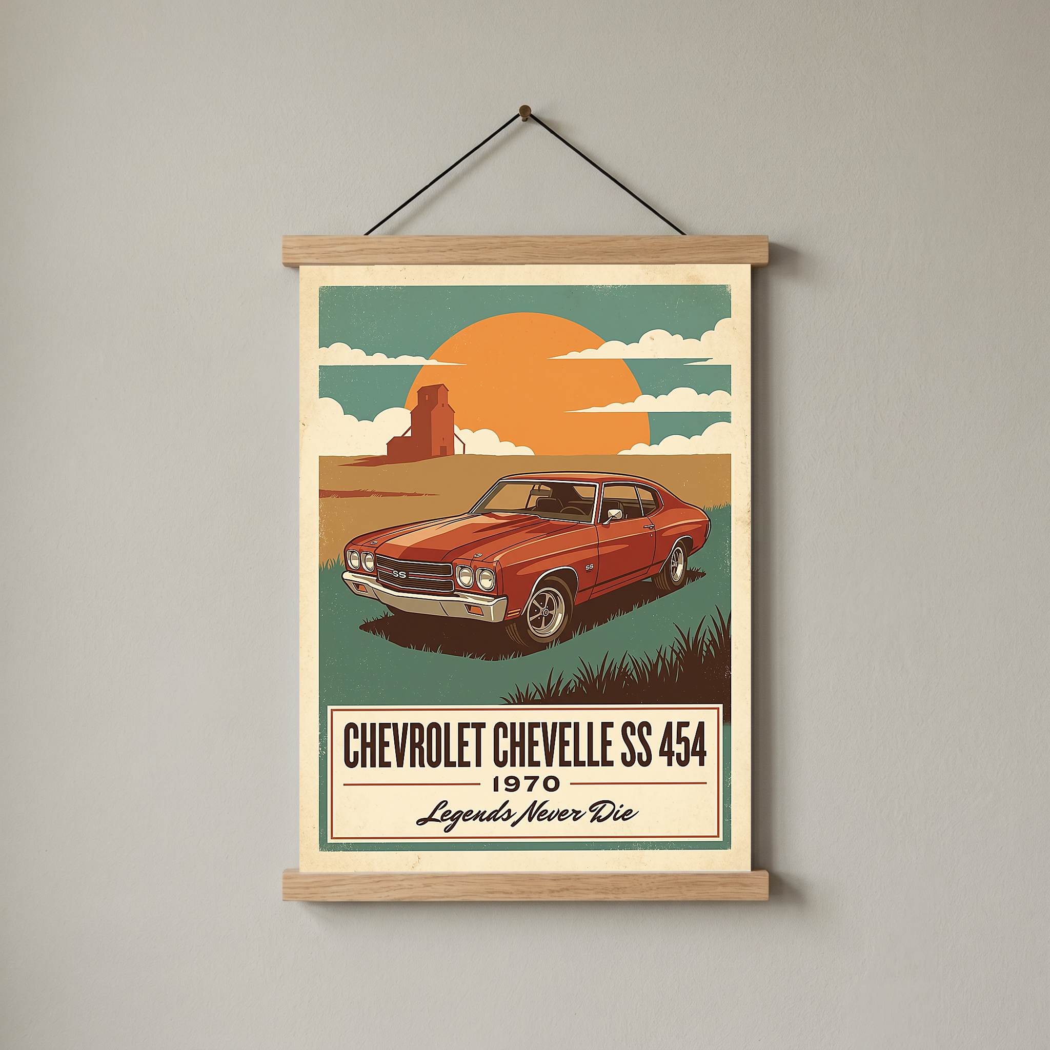 Chevrolet Chevelle SS 454 1970 V8 Sunset Silo Poster — Vintage Muscle Heartland Print
