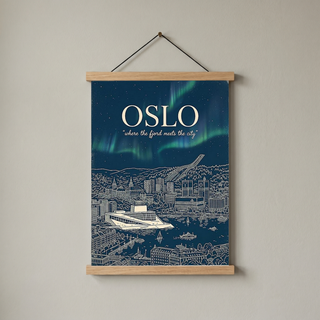 Oslo Line Art Print — Navy Opera House Fjord Aurora Borealis Skyline Wall Art