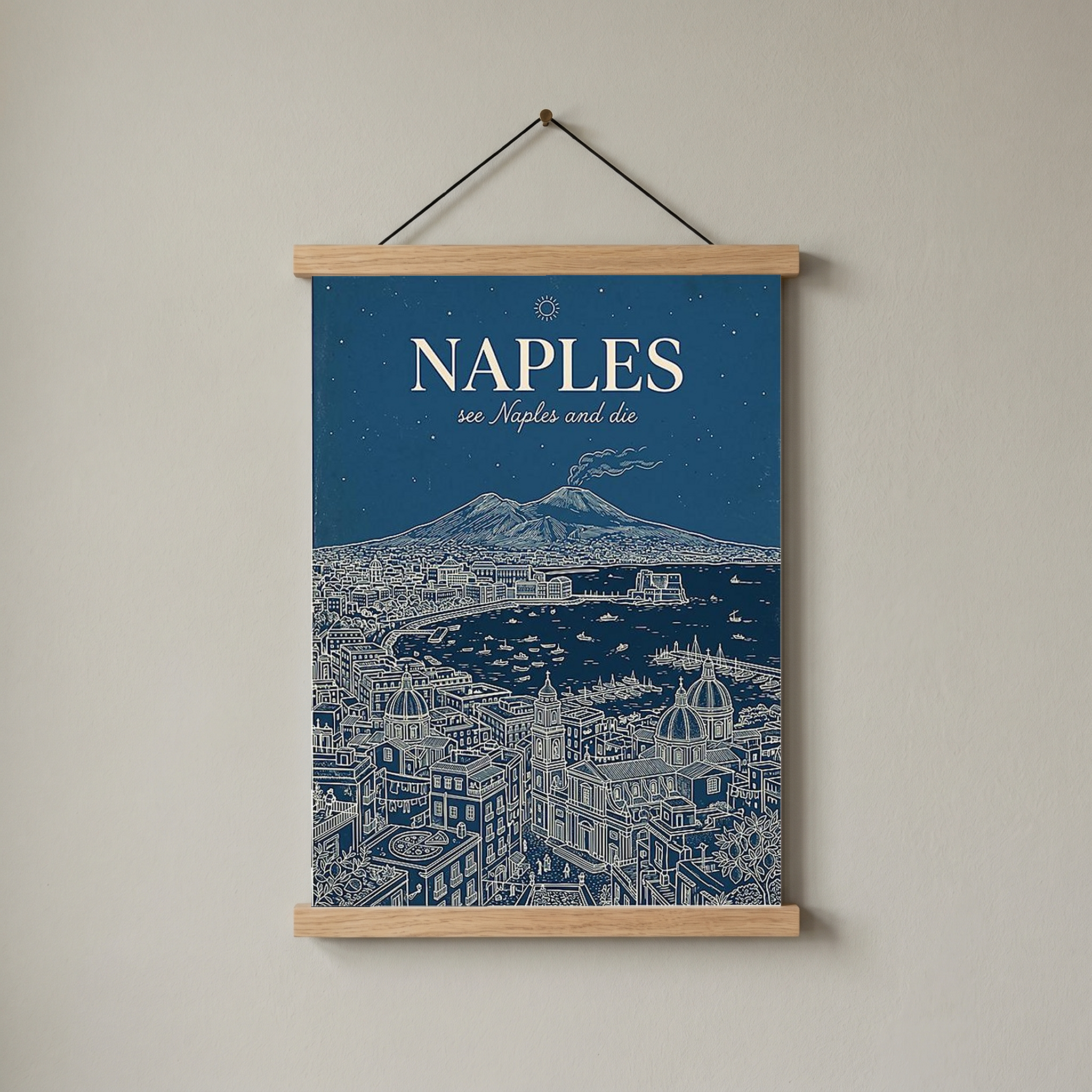 Naples Line Art Print — Navy Mount Vesuvius Bay Skyline Wall Art