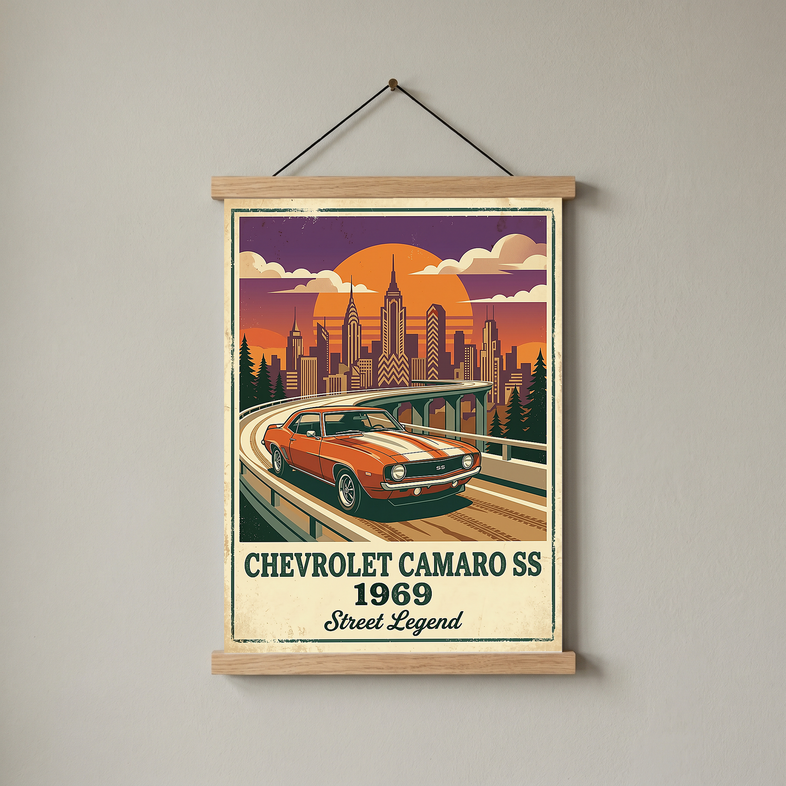Chevrolet Camaro SS 1969 Poster — Vintage Muscle Car City Skyline Print
