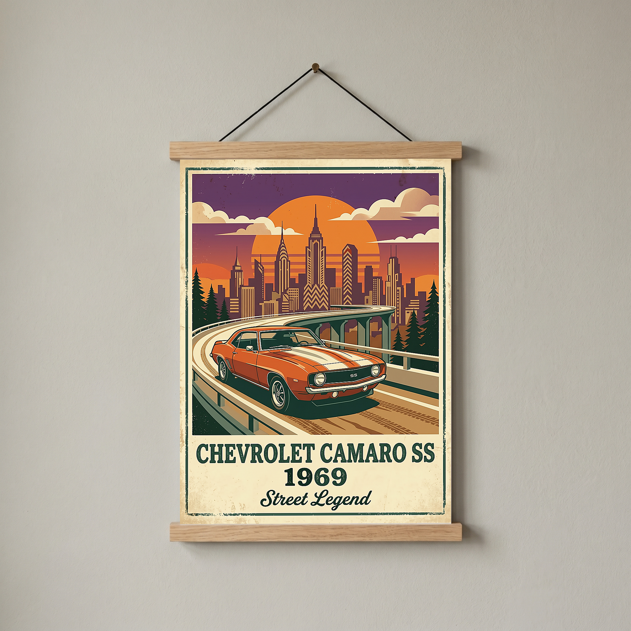 Chevrolet Camaro SS 1969 Poster — Vintage Muscle Car City Skyline Print